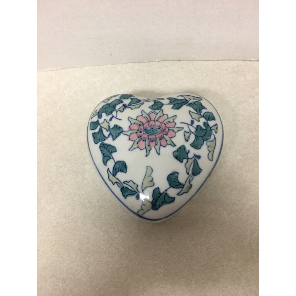 Chinese Porcelain Ring Or Trinket Box Heart Shaped hand painted with flowers